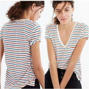 Madewell Whisper Multicolor Striped V-Neck Pocket Front Tee Red White Blue XS